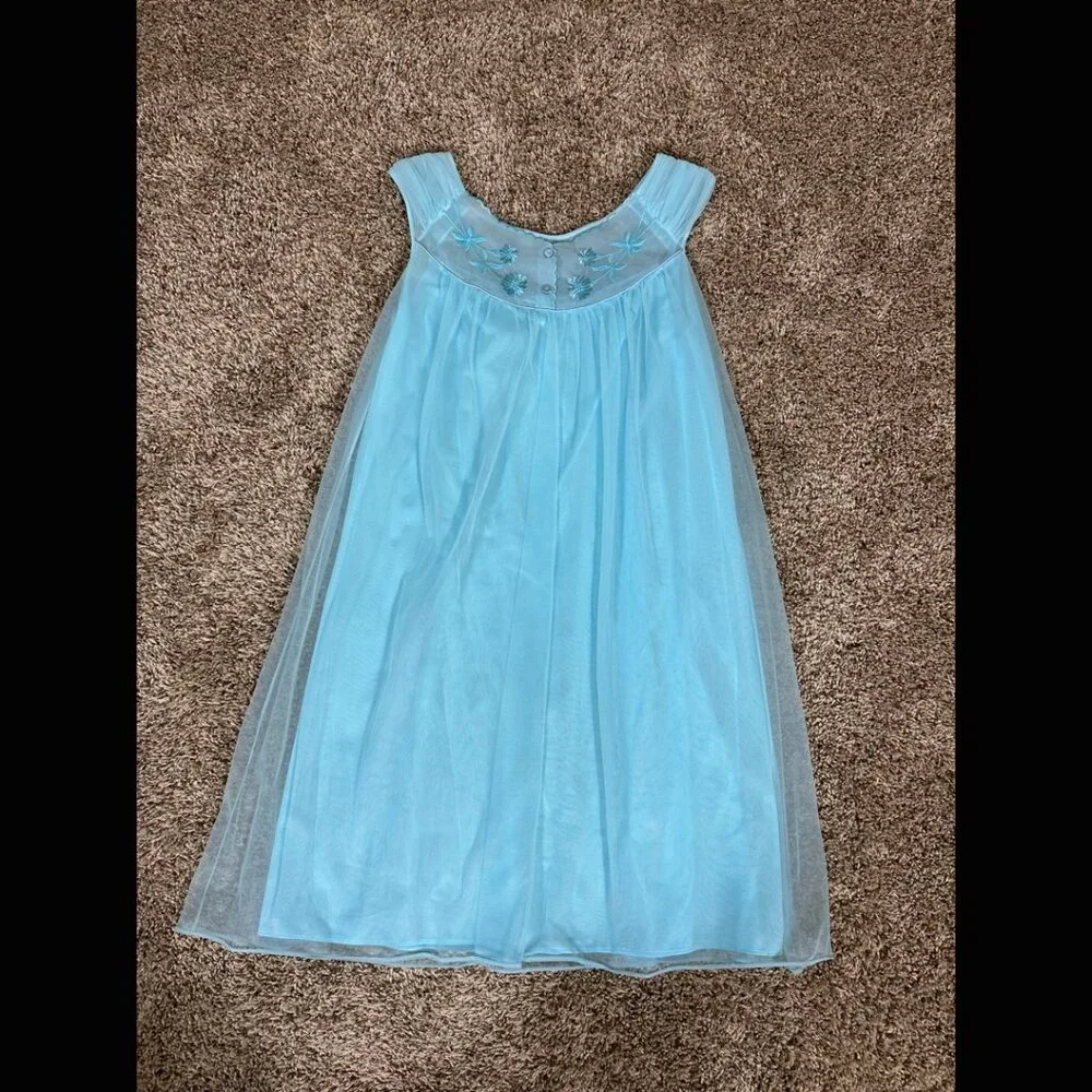 60s Bright Blue Babydoll Double Layer Lingerie Embroidered Floral Mod Pinup M L - Picture 14 of 15